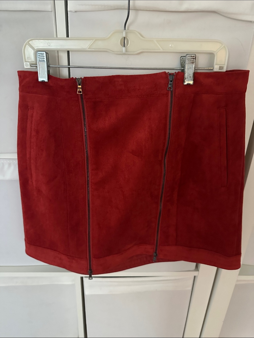 BCBGMaxAzria Red Faux-Suede Double-Zip Mini Skirt